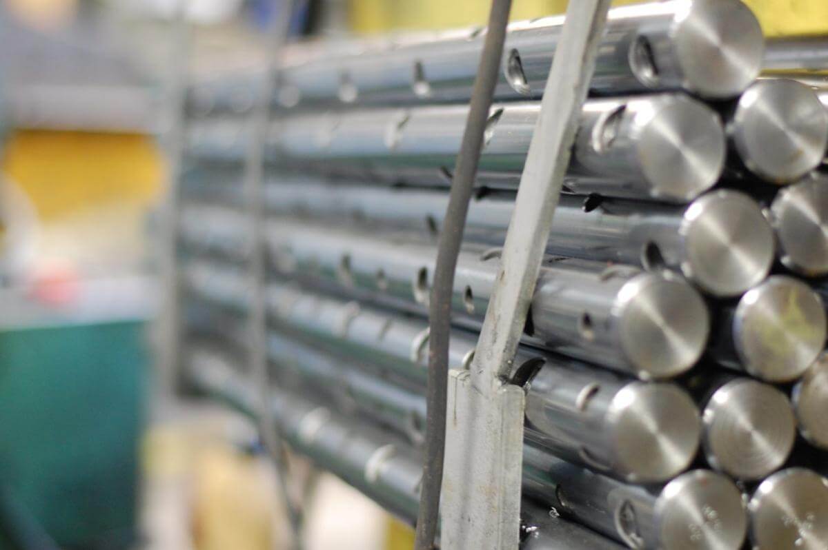 Rack of IRM chrome plated line boring bars with broached square tool ports