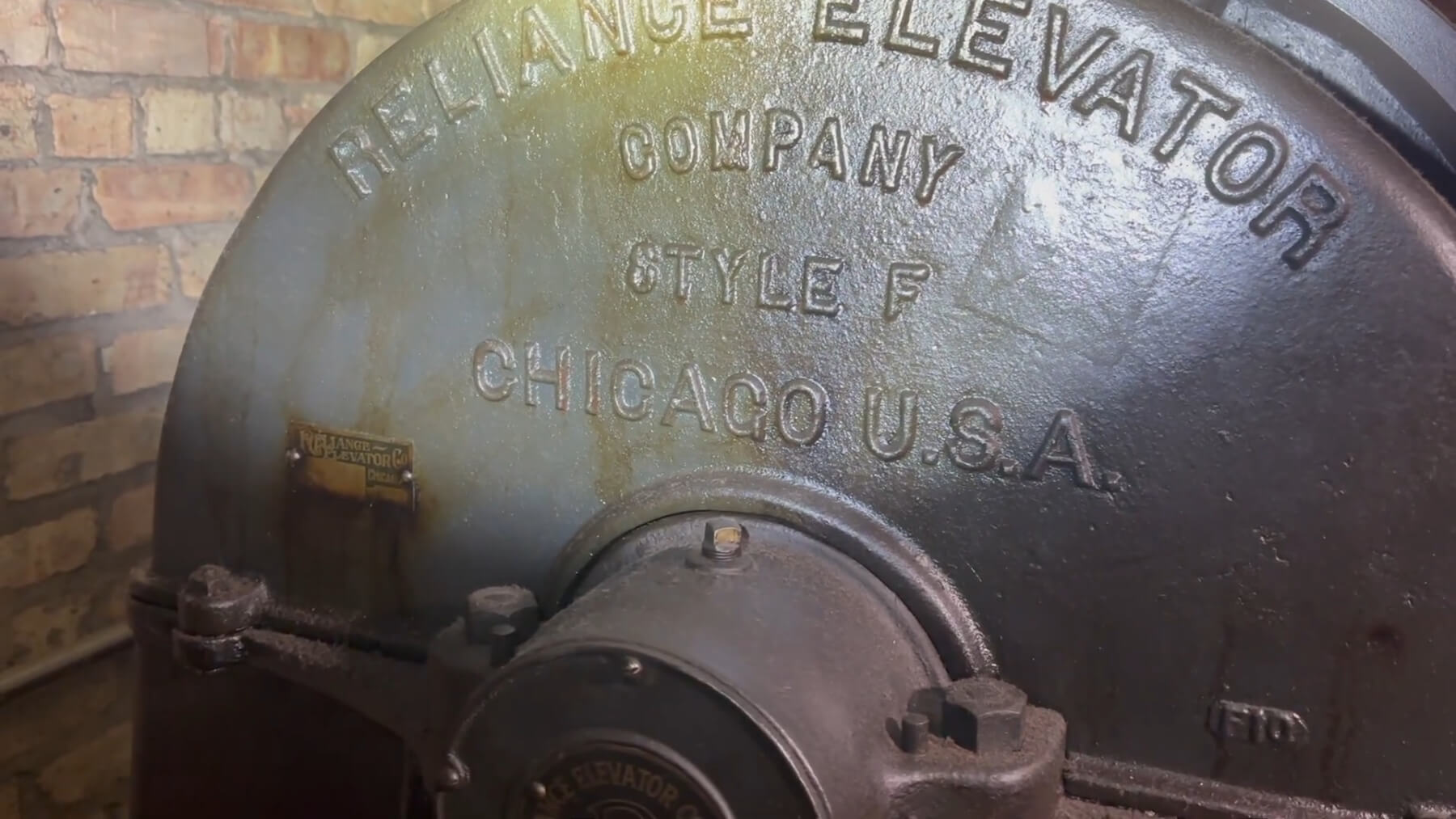 Cast housing reading Reliance Elevator Company, Style F, Chicago U.S.A.