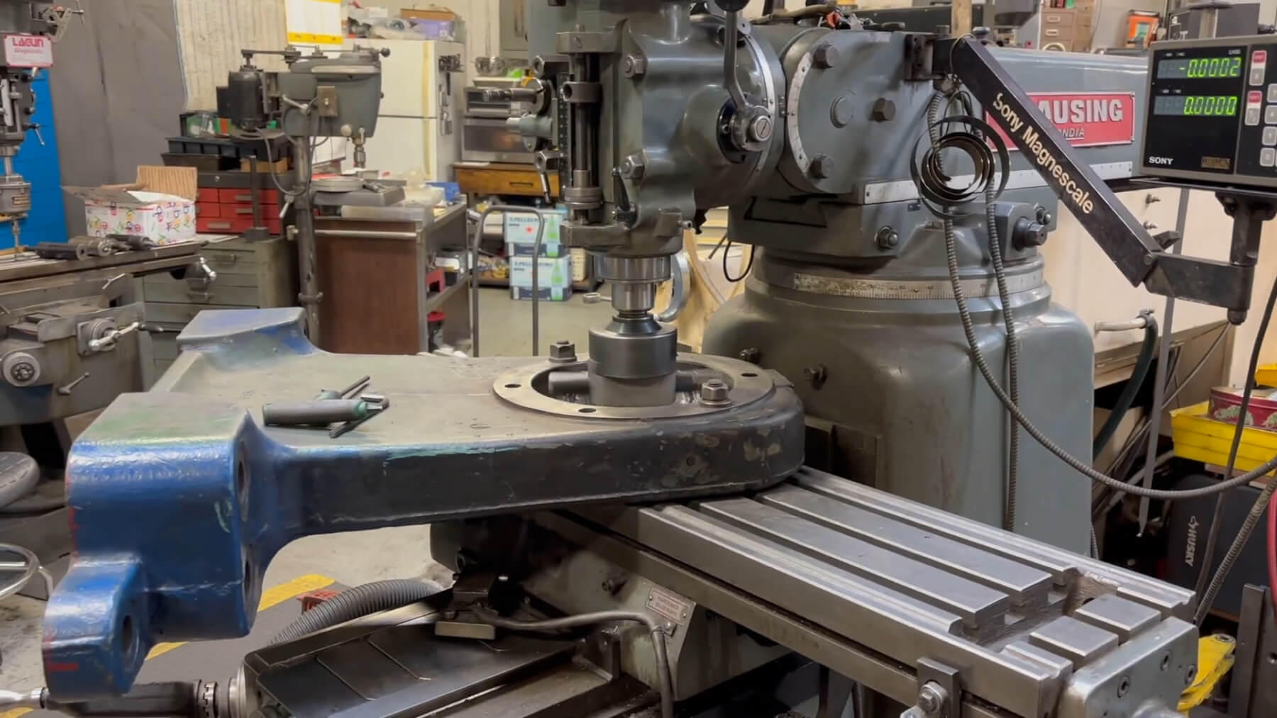 Machine set up for rebuilding an Otis 219 bearing stand